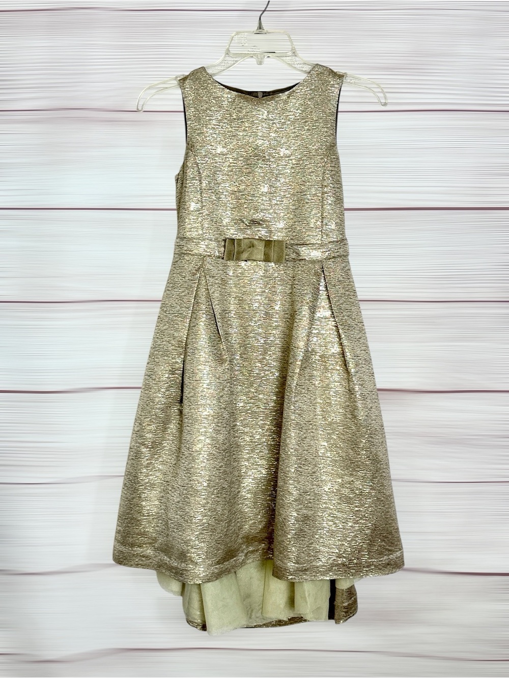 Marie Chantal Girls Gold Shimmer Metallic Party Dress Hi-Low Tulle Bow Size 10